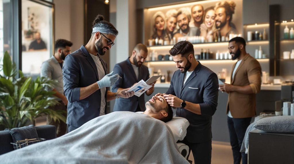 a modern clinic where aesthetic professionals are treating a male client skin care institute - a modern clinic where aesthetic professionals are treating a male client.