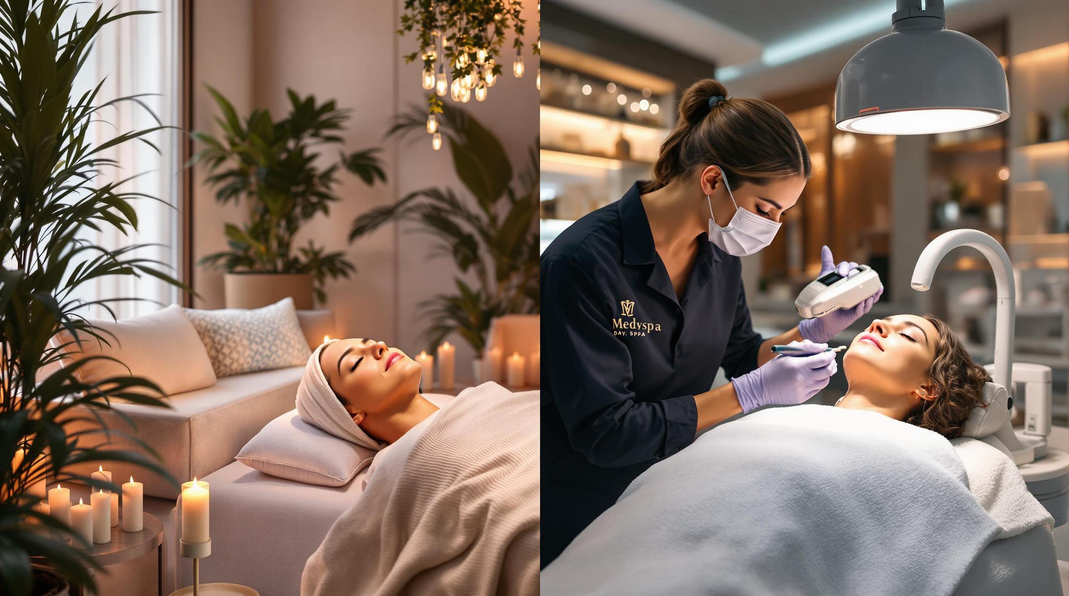a split image comparison of a relaxing day spa environment and a medical professional performing a skincare treatment in a medspa 1