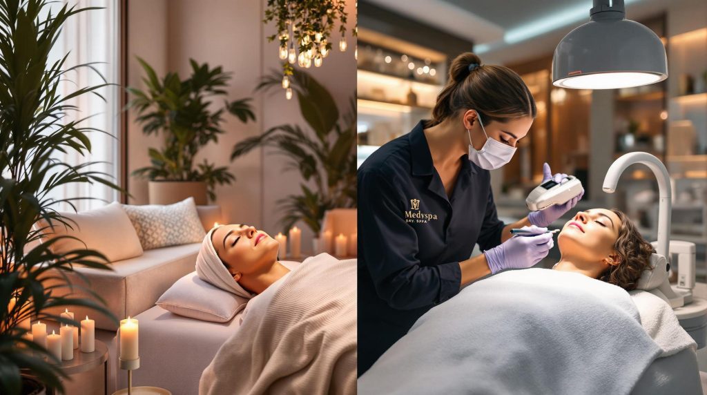 a split-image comparison of a relaxing day spa environment and a medical professional performing a skincare treatment in a medspa.
