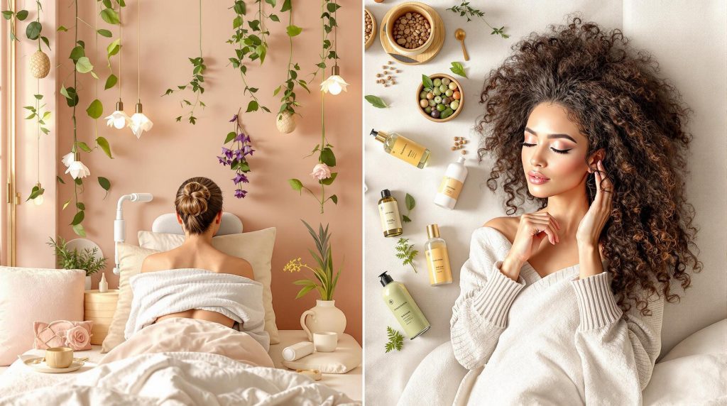 a split-screen showing a woman in a nature-inspired setting and a variety of natural hair care products.