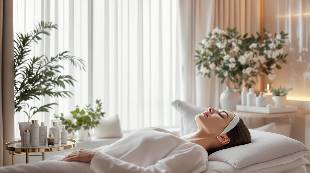a woman receiving a luxurious skincare treatment in a bright and elegant medspa room with skincare products displayed skin care institute - a woman receiving a luxurious skincare treatment in a bright and elegant medspa room with skincare products displayed.