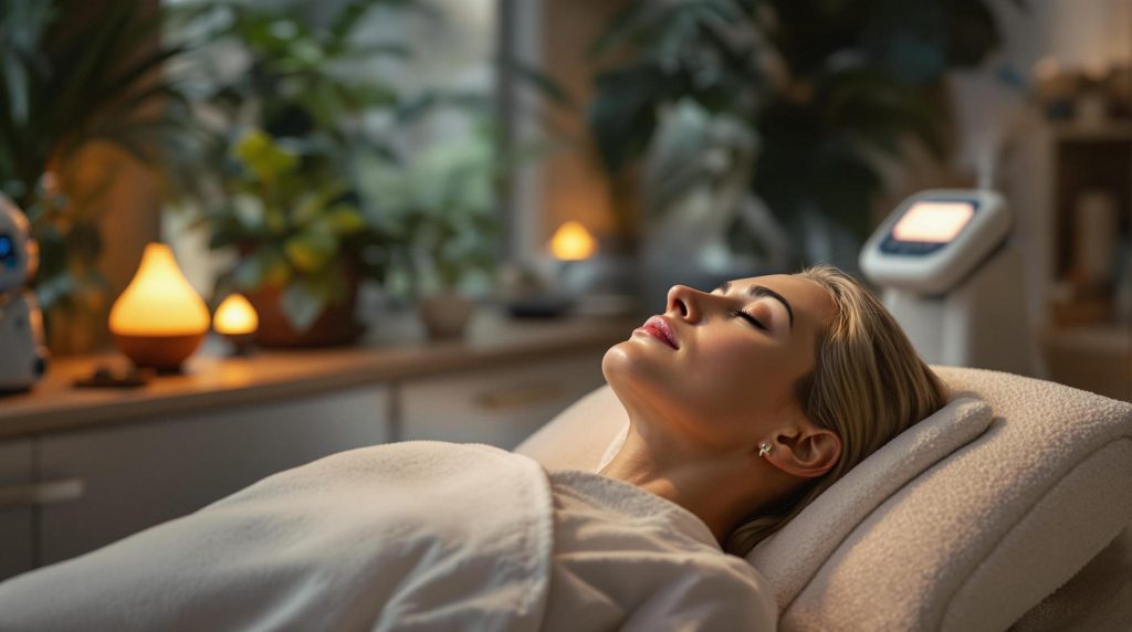 a woman relaxing in a medspa setting with warm lighting and advanced skin treatment equipment in the background skin care institute - a woman relaxing in a medspa setting with warm lighting and advanced skin treatment equipment in the background.
