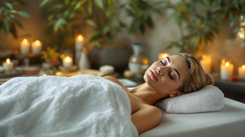 a woman wrapped in a towel, relaxing in a candle-lit spa environment with a calming ambiance.