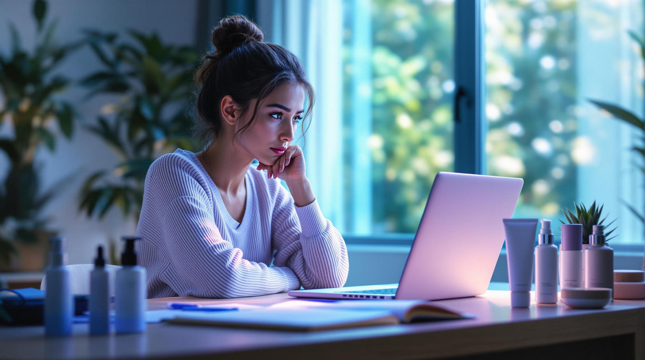 a young woman working on a laptop in a dimly lit room with blue light reflecting on her face 1