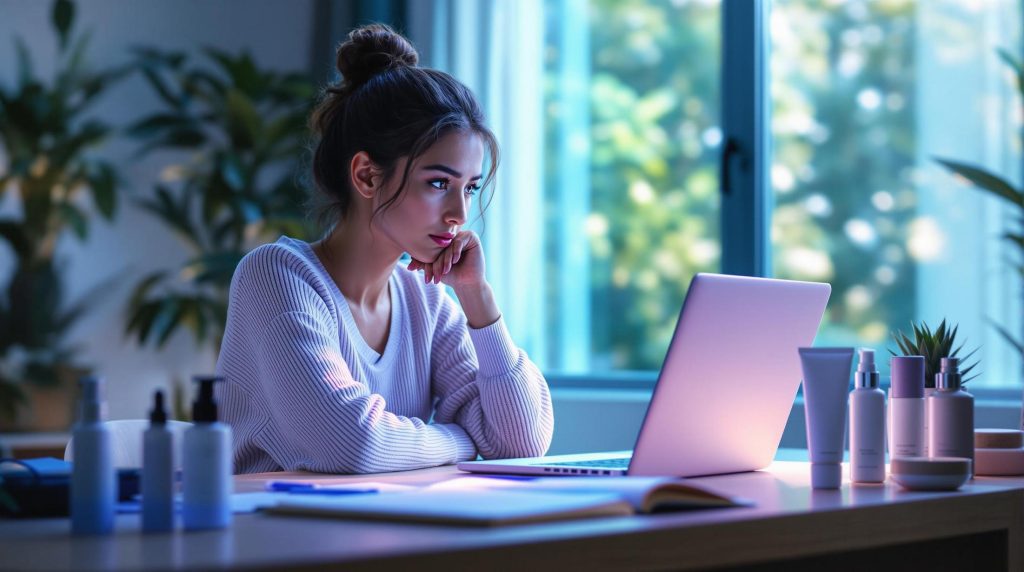a young woman working on a laptop in a dimly lit room with blue light reflecting on her face.