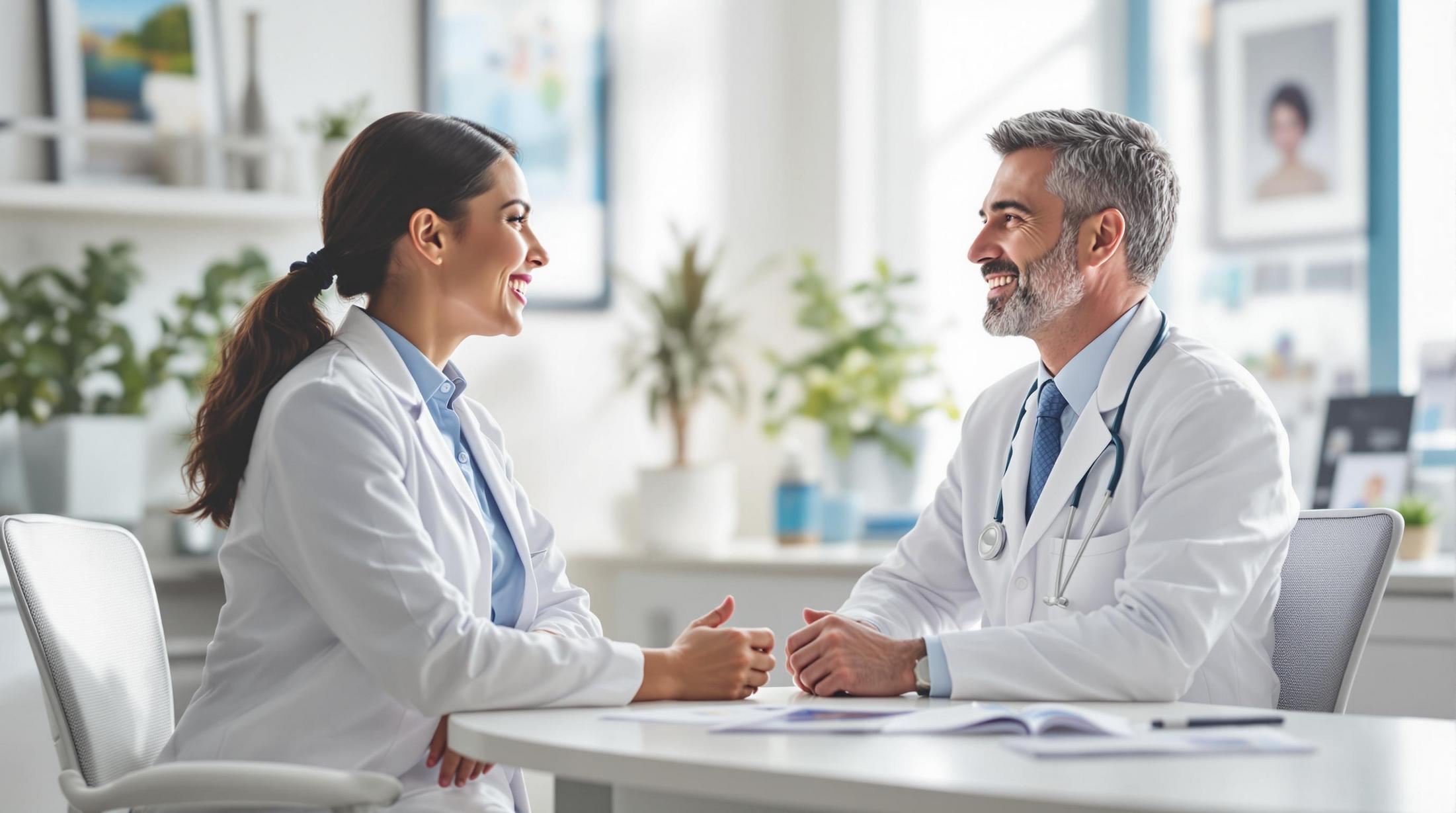 two doctors in white coats discussing treatment options in a modern medical office 1