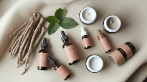 flat lay of skincare products with natural adaptogens like ginseng—perfect for content on holistic beauty and adaptogenic skincare.