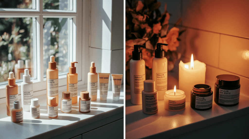 circadian-rhythm-skin-care-products-windowlightjpg-min skin care institute - skincare products aligned with the circadian rhythm displayed on a windowsill in natural morning and evening light settings.