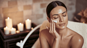 woman applying cream in a candle-lit spa ambiance—evokes the calming benefits of neurocosmetics and sensory skincare rituals.