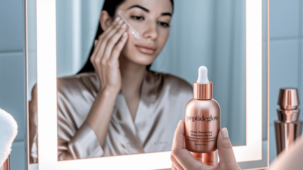 the power of peptide skincare serum application skin care institute - woman applying peptide serum in front of mirror using a dropper, showcasing the power of peptide skincare.