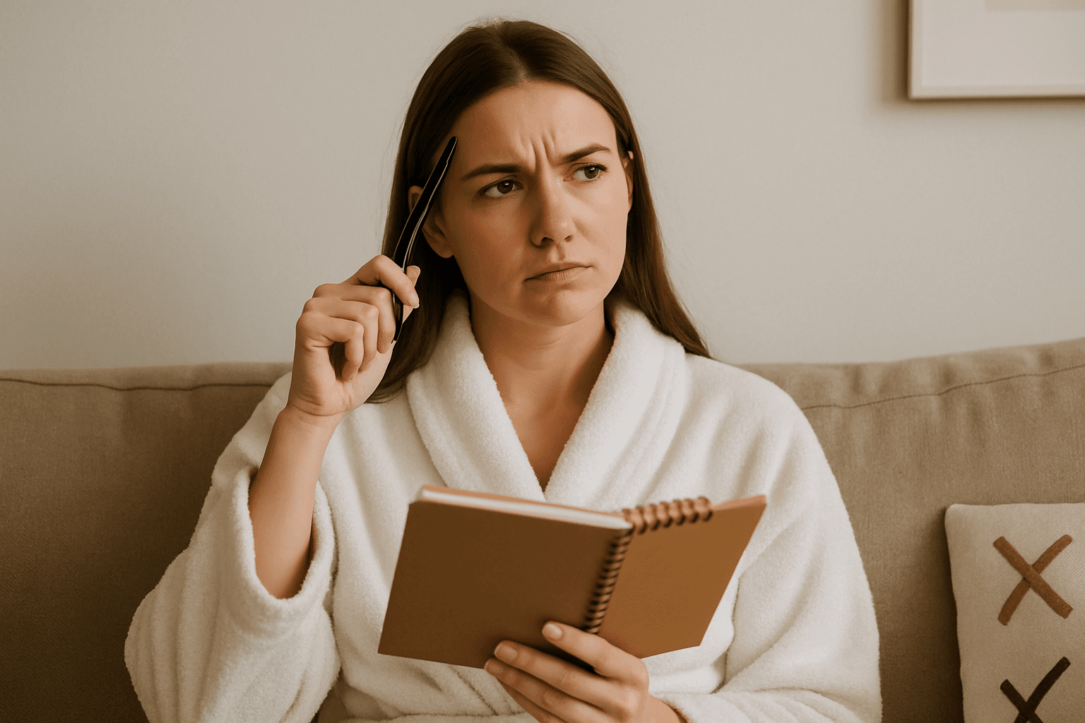 2025 07 skincareinstitutenet woman journaling bathrobe pensive expression