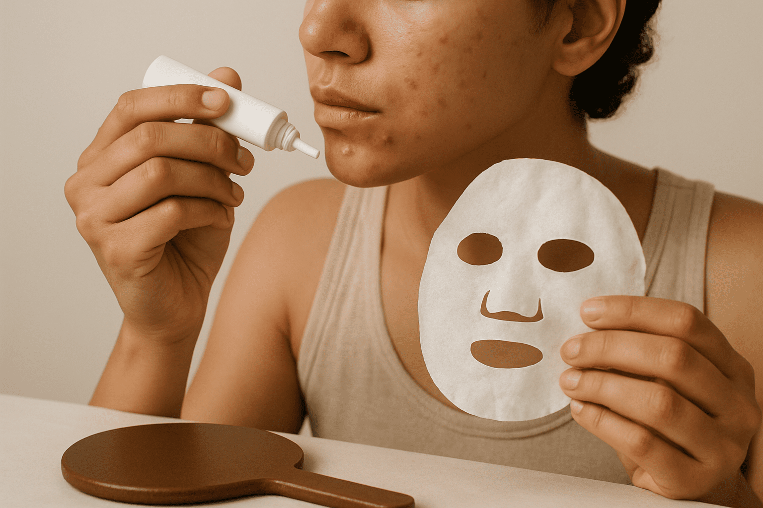 person with acne applying spot treatment to chin while holding a sheet mask.
