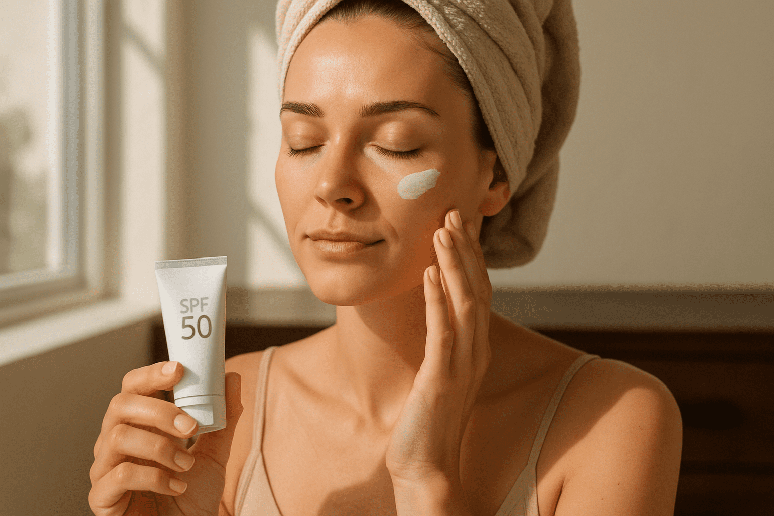 woman applying spf 50 sunscreen to her face while holding the tube, sitting by a sunny window with a towel on her head.