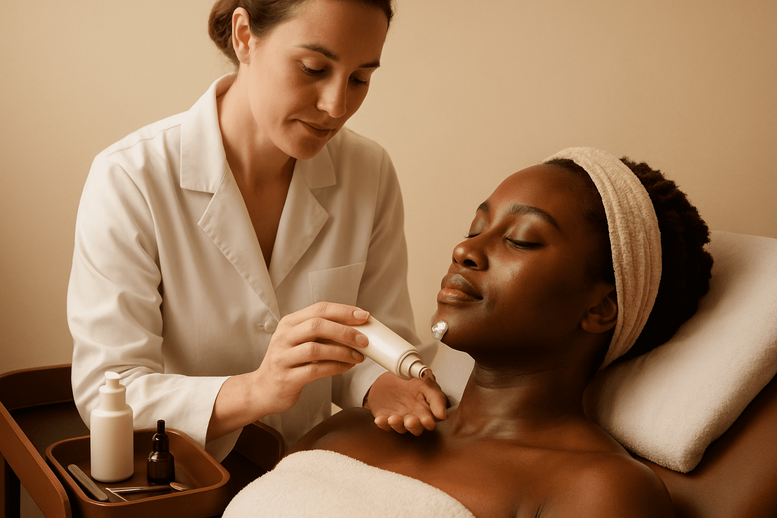 esthetician applying a skincare product to a woman’s chin and neck during a professional facial treatment.