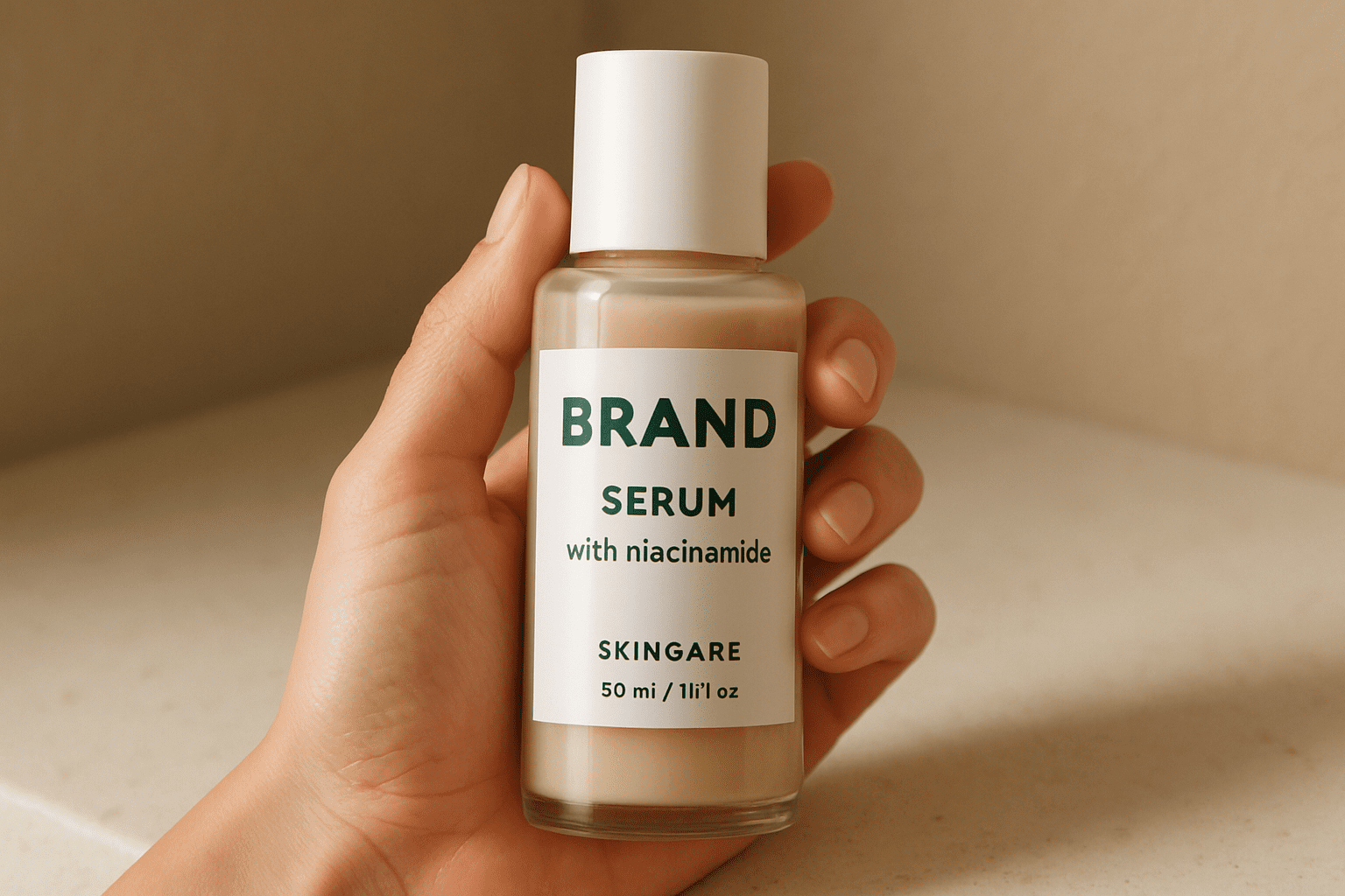 hand holding a bottle of facial serum labeled "brand serum with niacinamide."