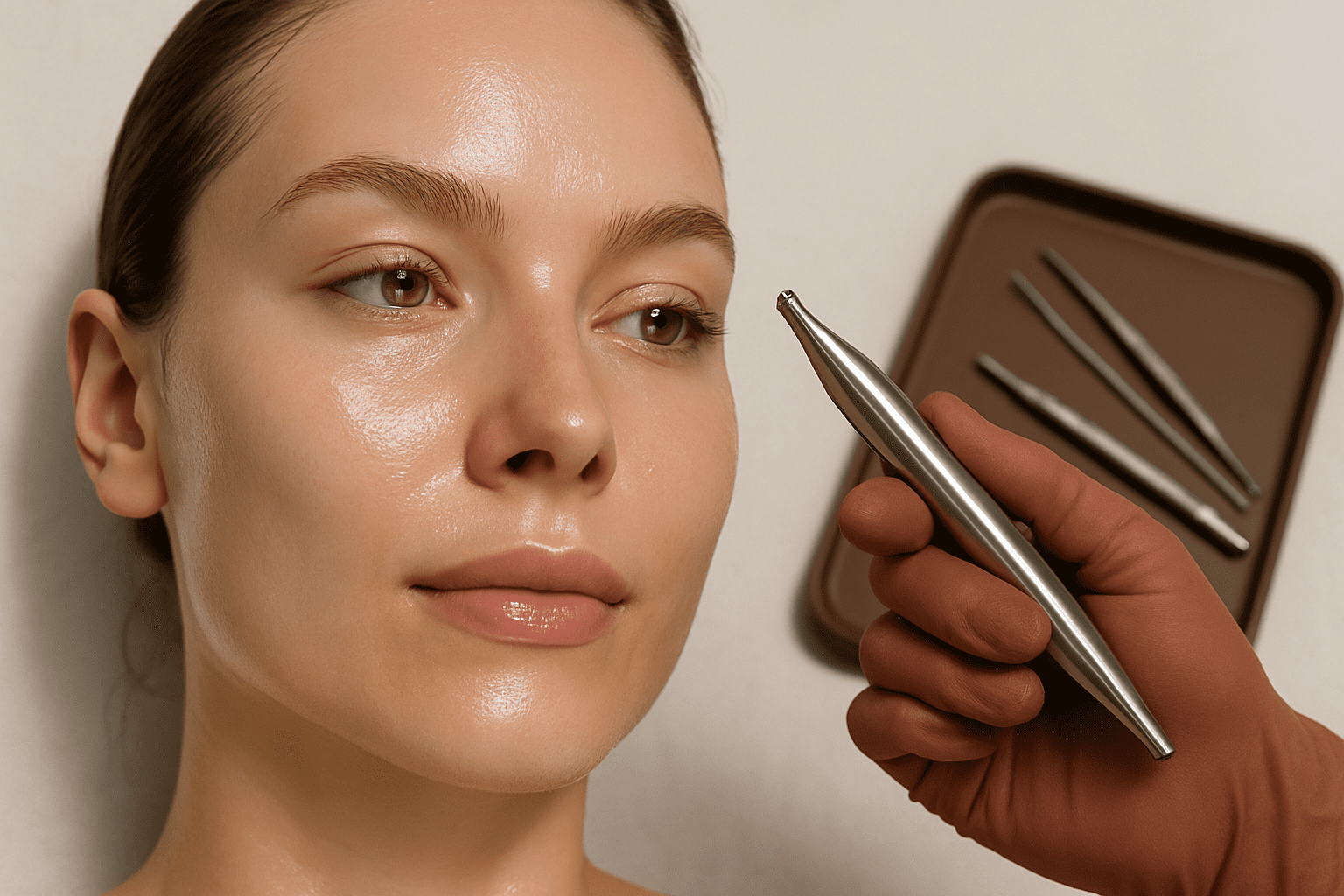 woman receiving a skincare treatment with a metal tool held near her face at a spa.