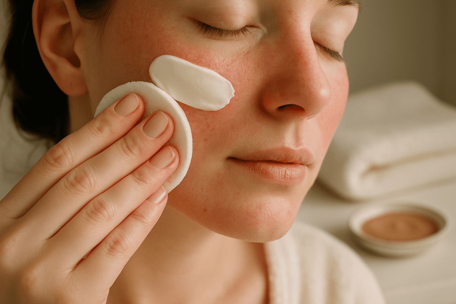 woman with sensitive, red skin applying soothing cream to her cheek with a cotton pad.