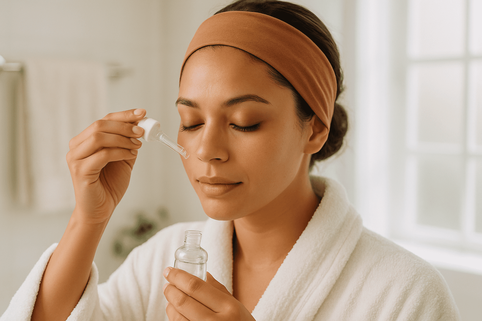 woman applying facial serum with a dropper, wearing a headband and bathrobe in a bright bathroom.