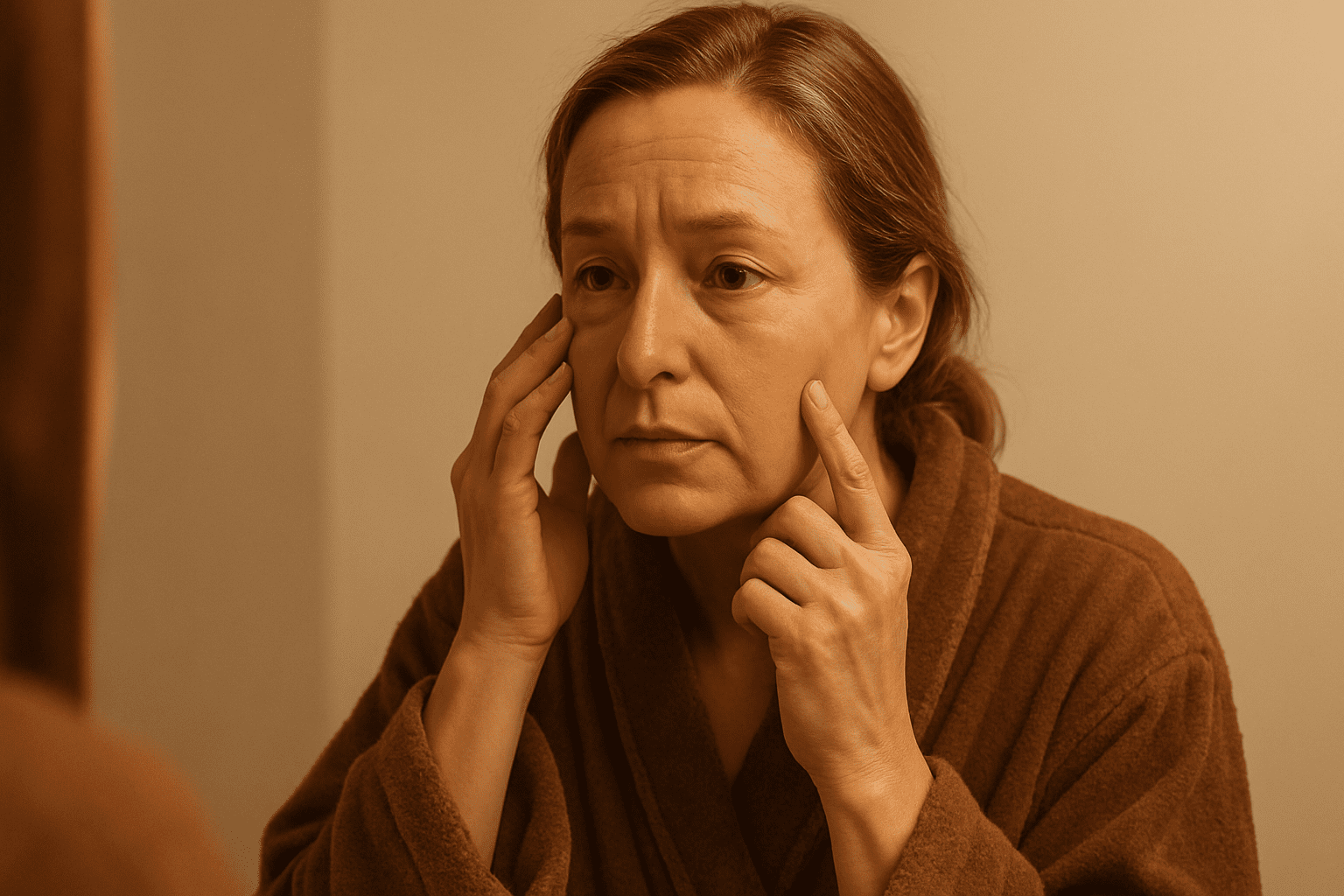 middle-aged woman examining her skin in the mirror, touching her face with both hands, looking thoughtful.