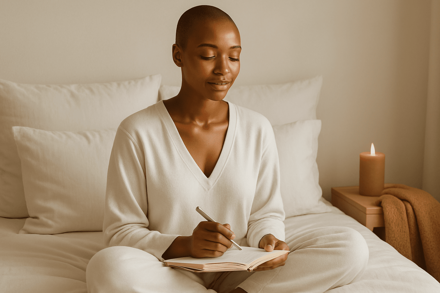 woman sitting cross-legged on a bed, journaling with a pen, a candle lit beside her, creating a calm atmosphere.