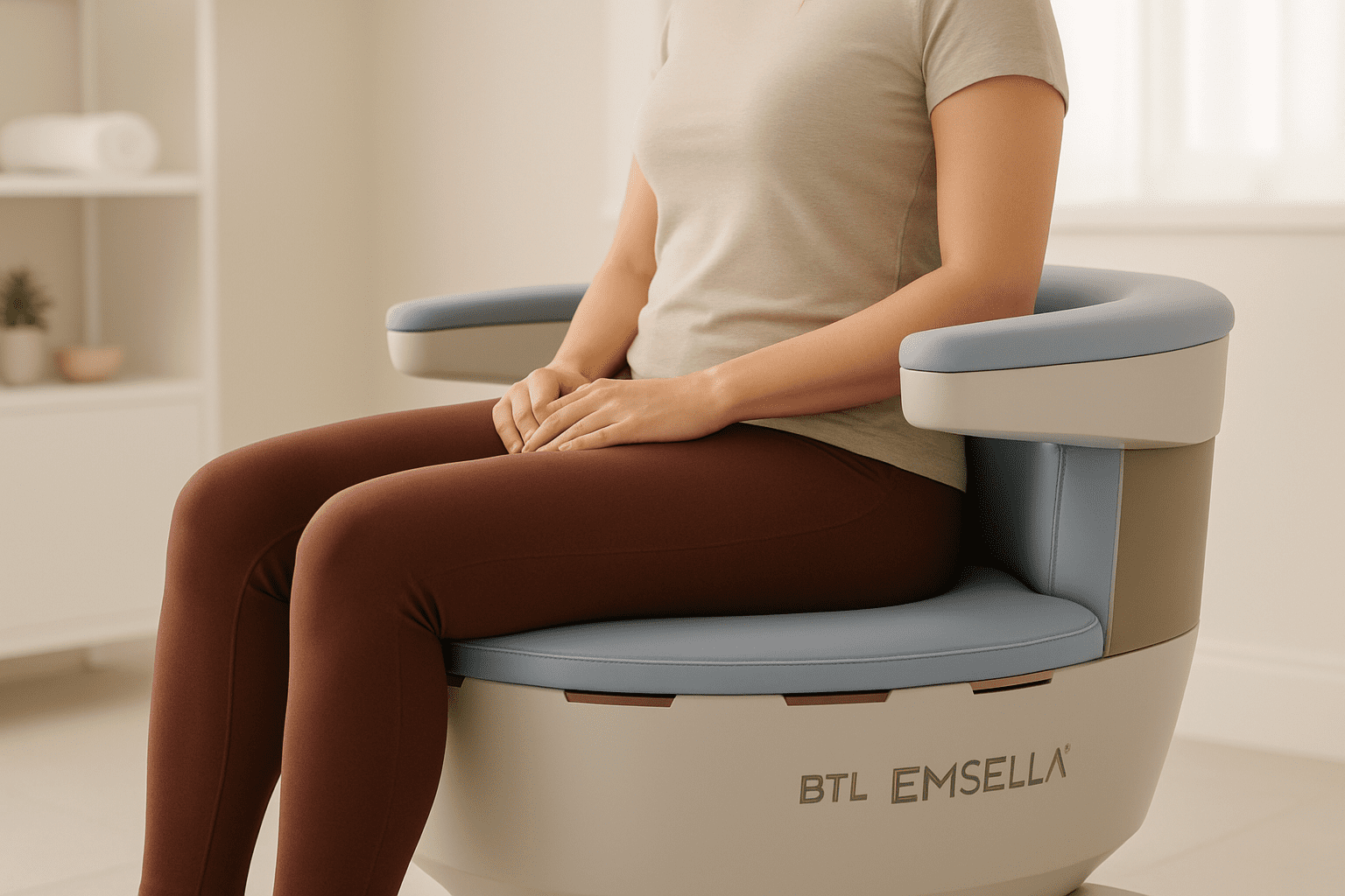 woman sitting on btl emsella chair for non-invasive pelvic floor therapy.