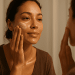 Woman applying moisturizing cream to her face in front of a mirror.