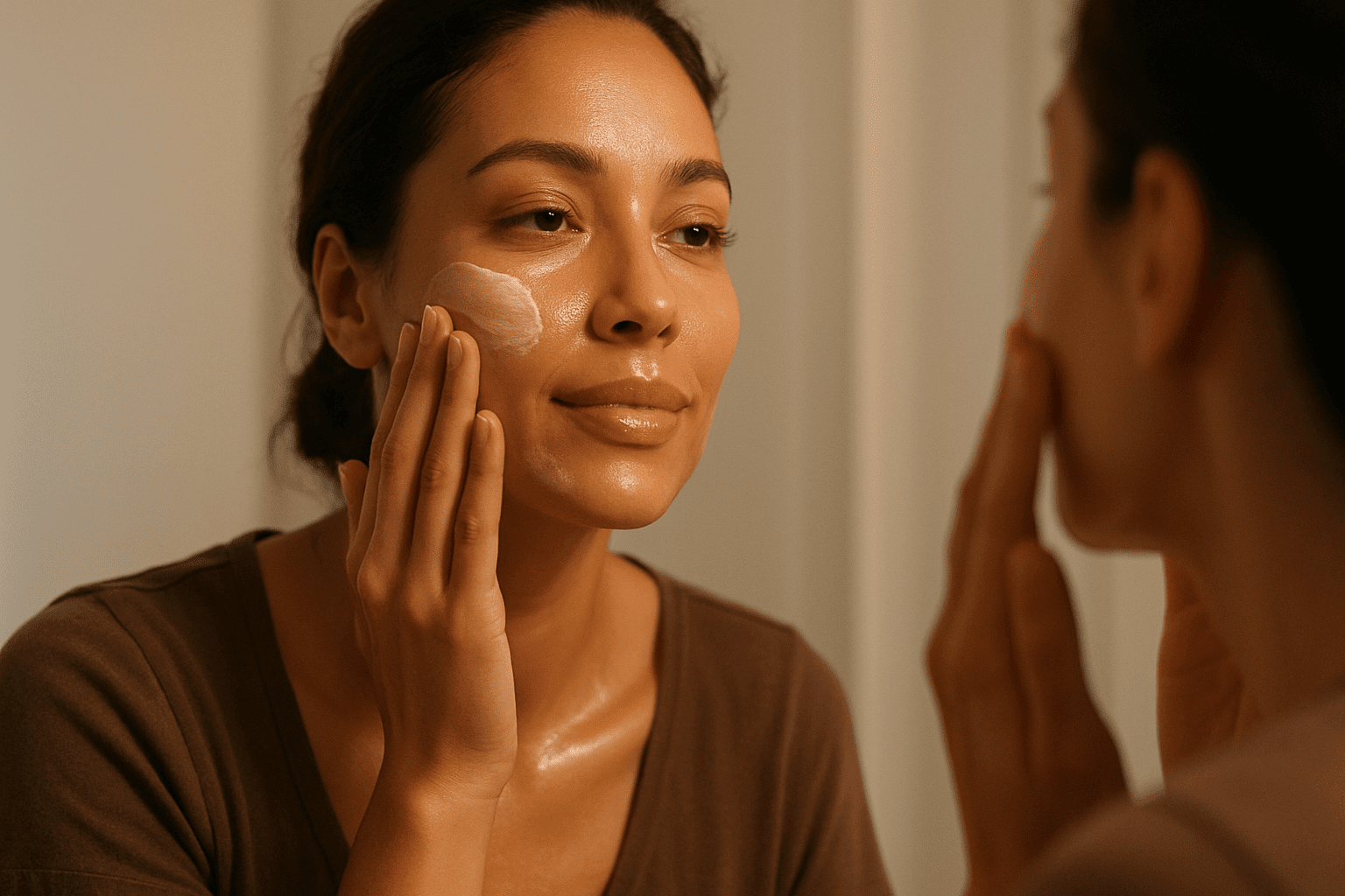 2025 10 skincareinstitute.net img face cream application v1  skin care institute - woman applying moisturizing cream to her face in front of a mirror.