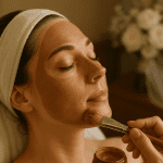 Aesthetic professional examining a patient’s face during a skincare consultation.