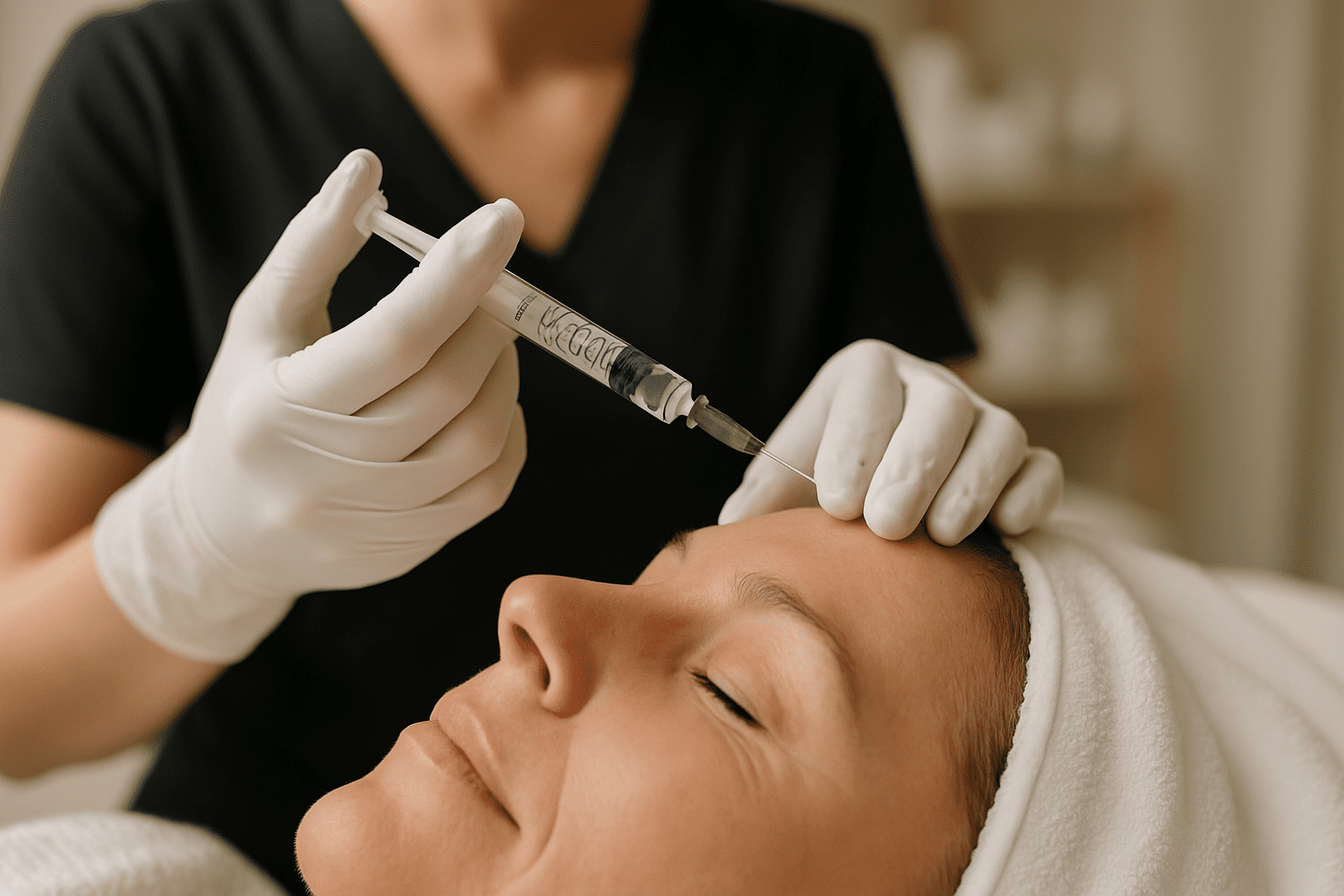 clinician administering botox injection into a woman's forehead.