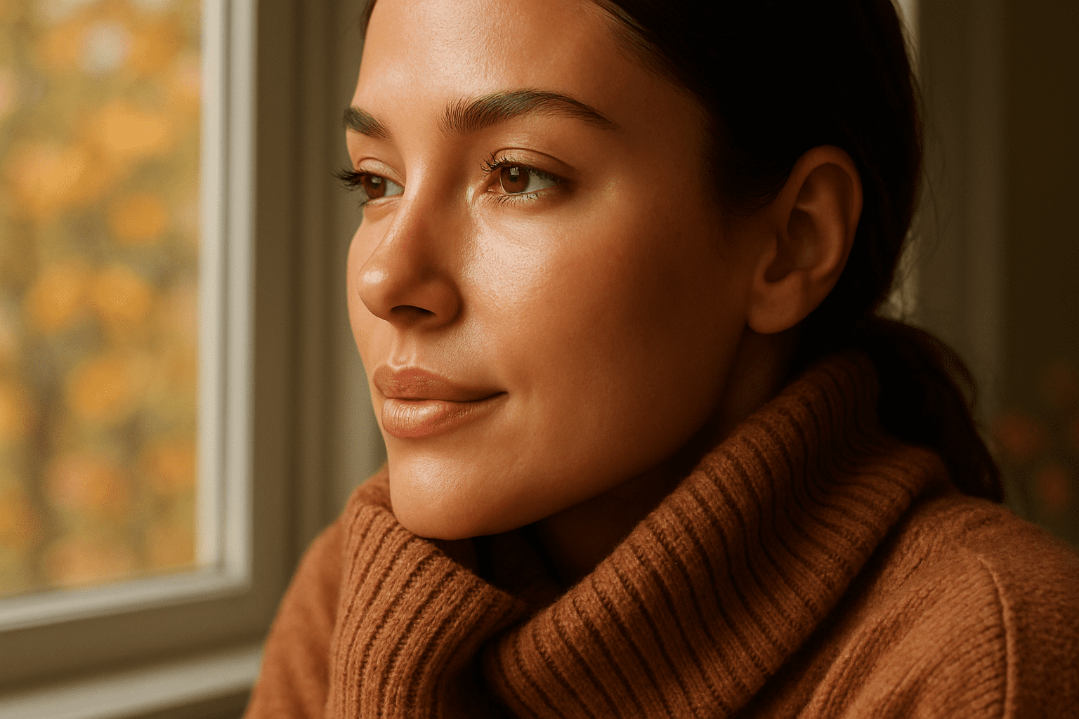 close-up portrait of a woman with smooth, glowing skin looking out a window.
