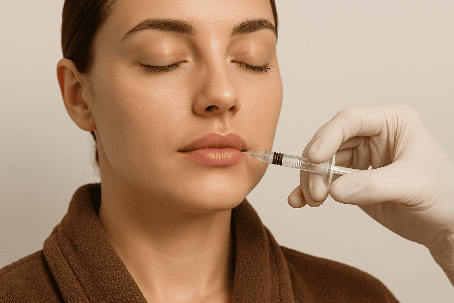 close-up of a woman receiving a lip filler injection from a professional.