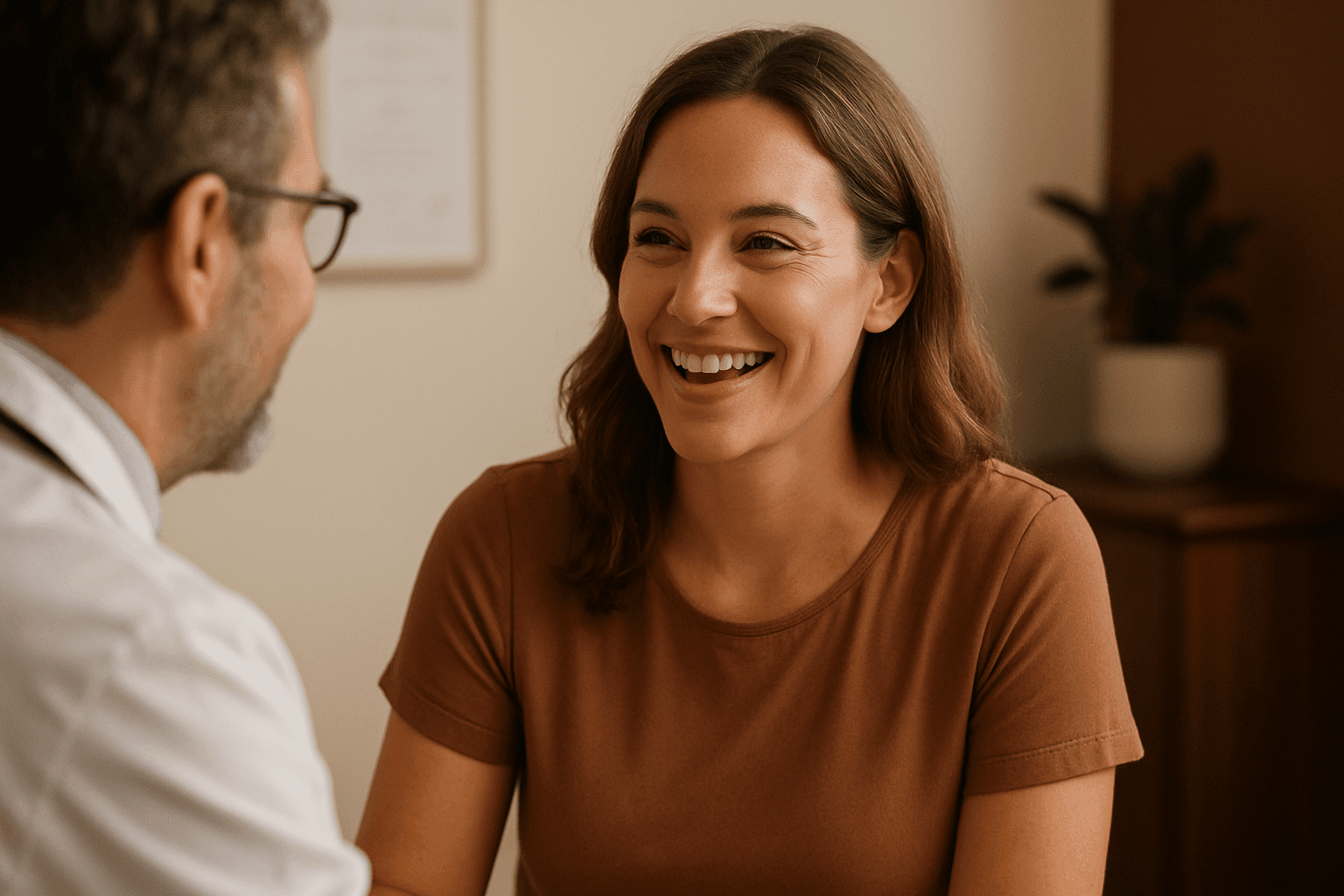 smiling woman having a consultation with a doctor in a clinic.