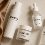 Flat lay of skincare products including serum, cream, and toner bottles.