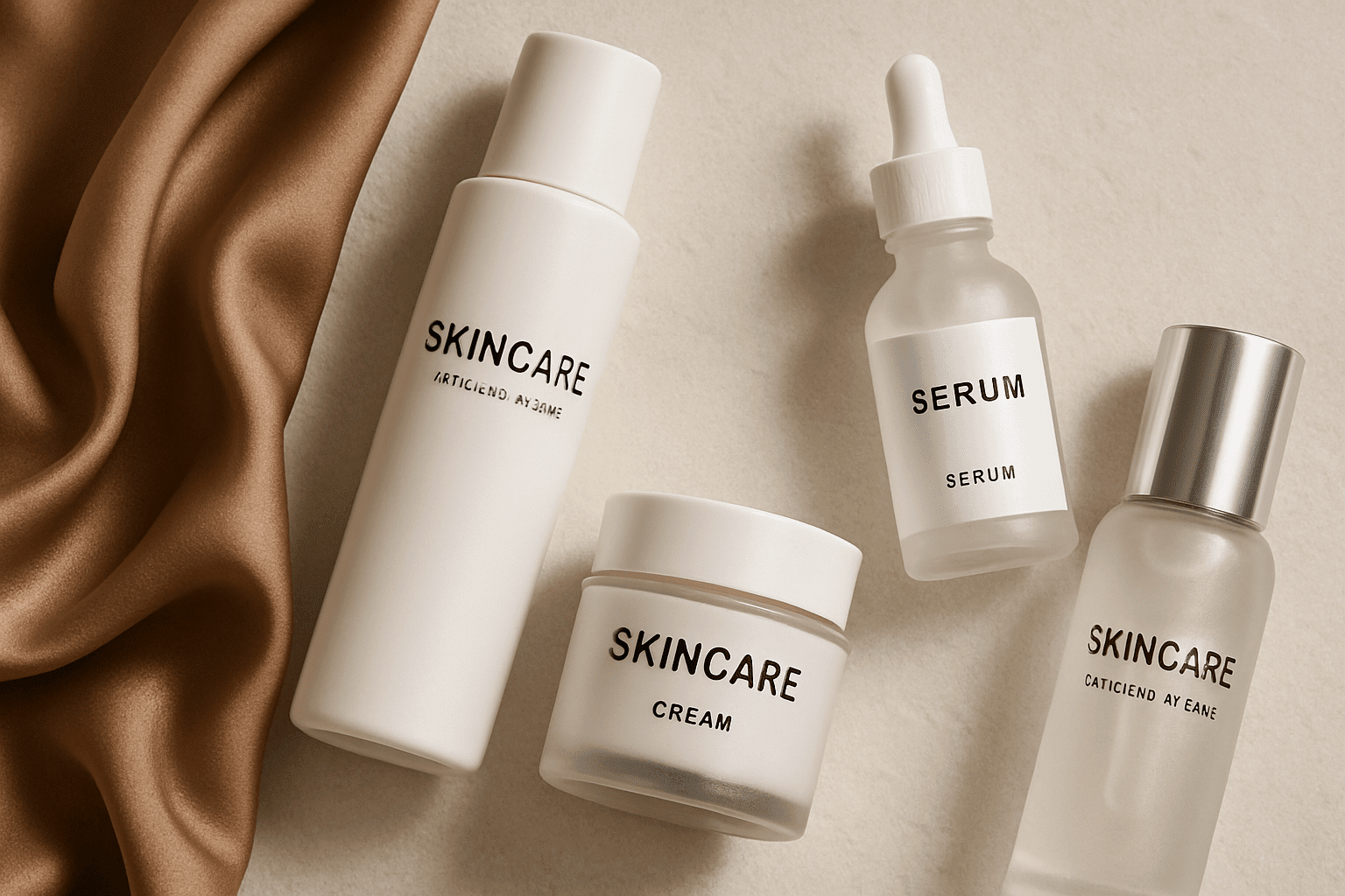 flat lay of skincare products including serum, cream, and toner bottles.