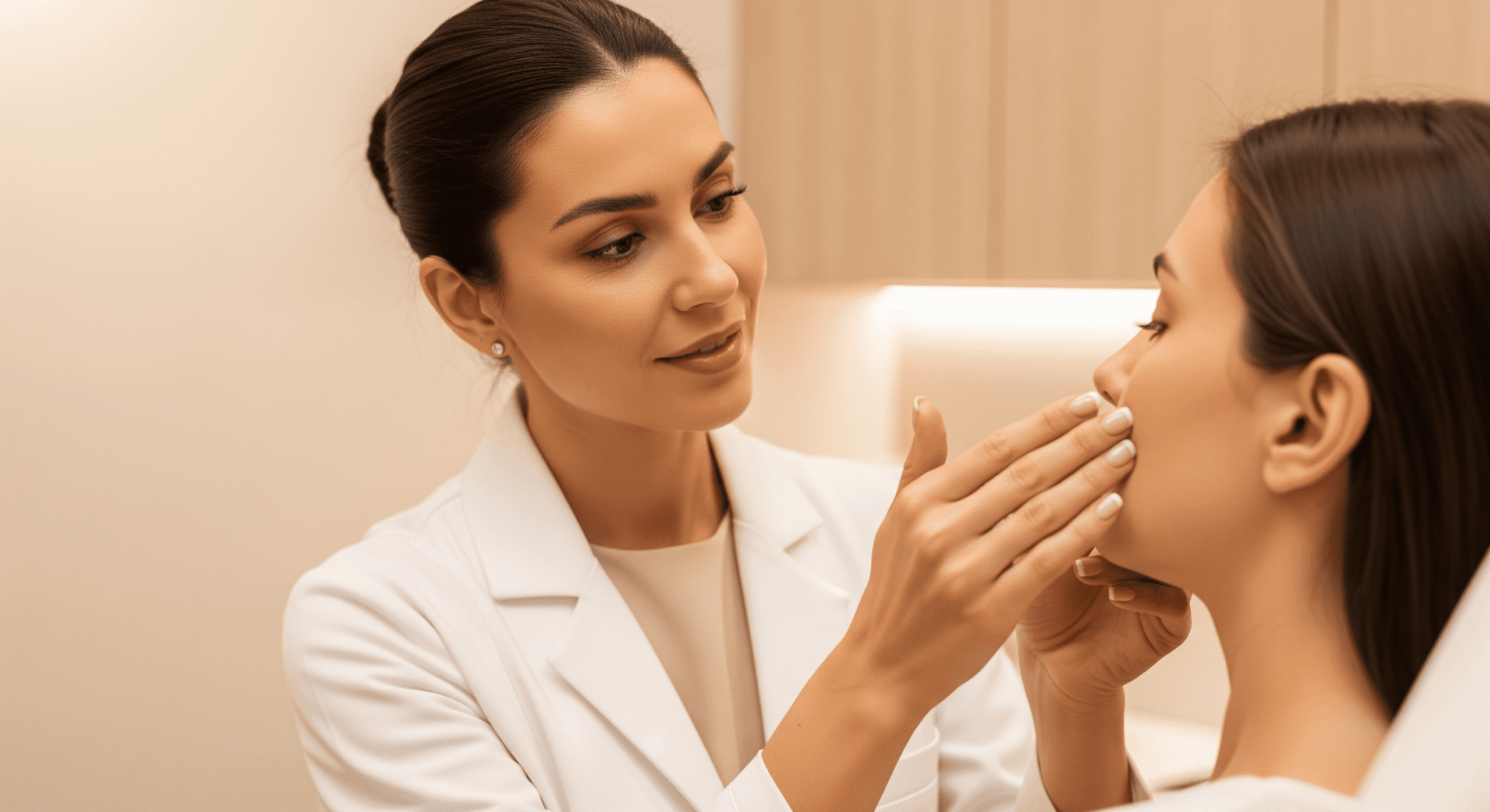 aesthetic professional examining a patient’s face during a skincare consultation.