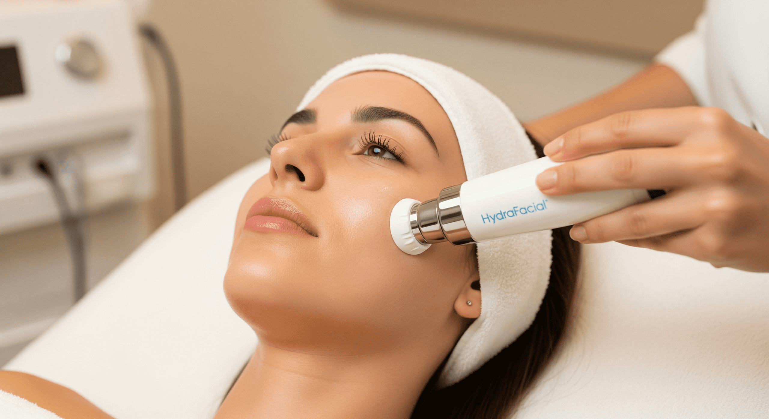 patient receiving a professional hydrafacial treatment for skin cleansing and rejuvenation.