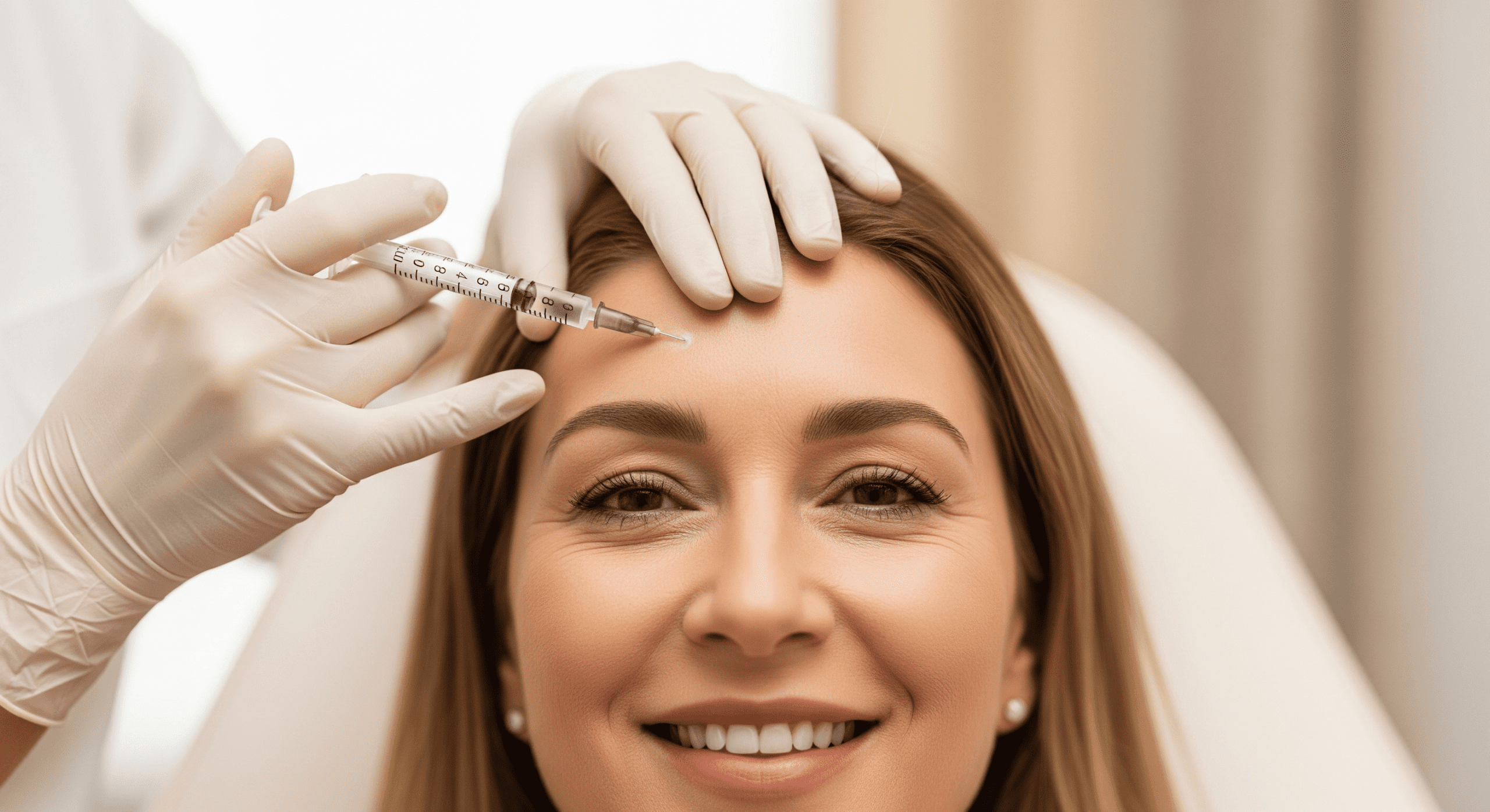 patient receiving an injectable treatment on the forehead administered by a professional.