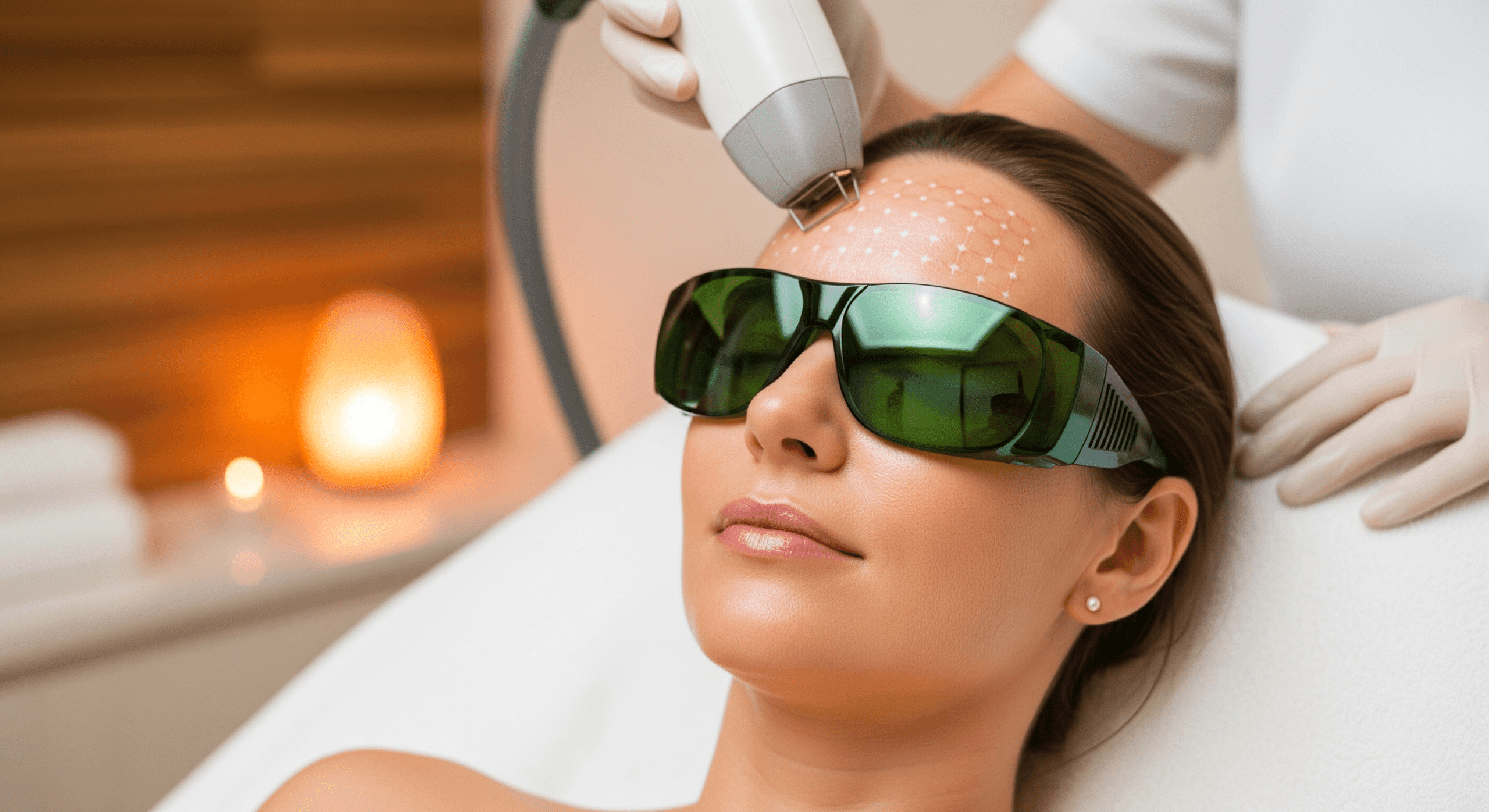patient undergoing a laser resurfacing treatment on the forehead while wearing protective eyewear.