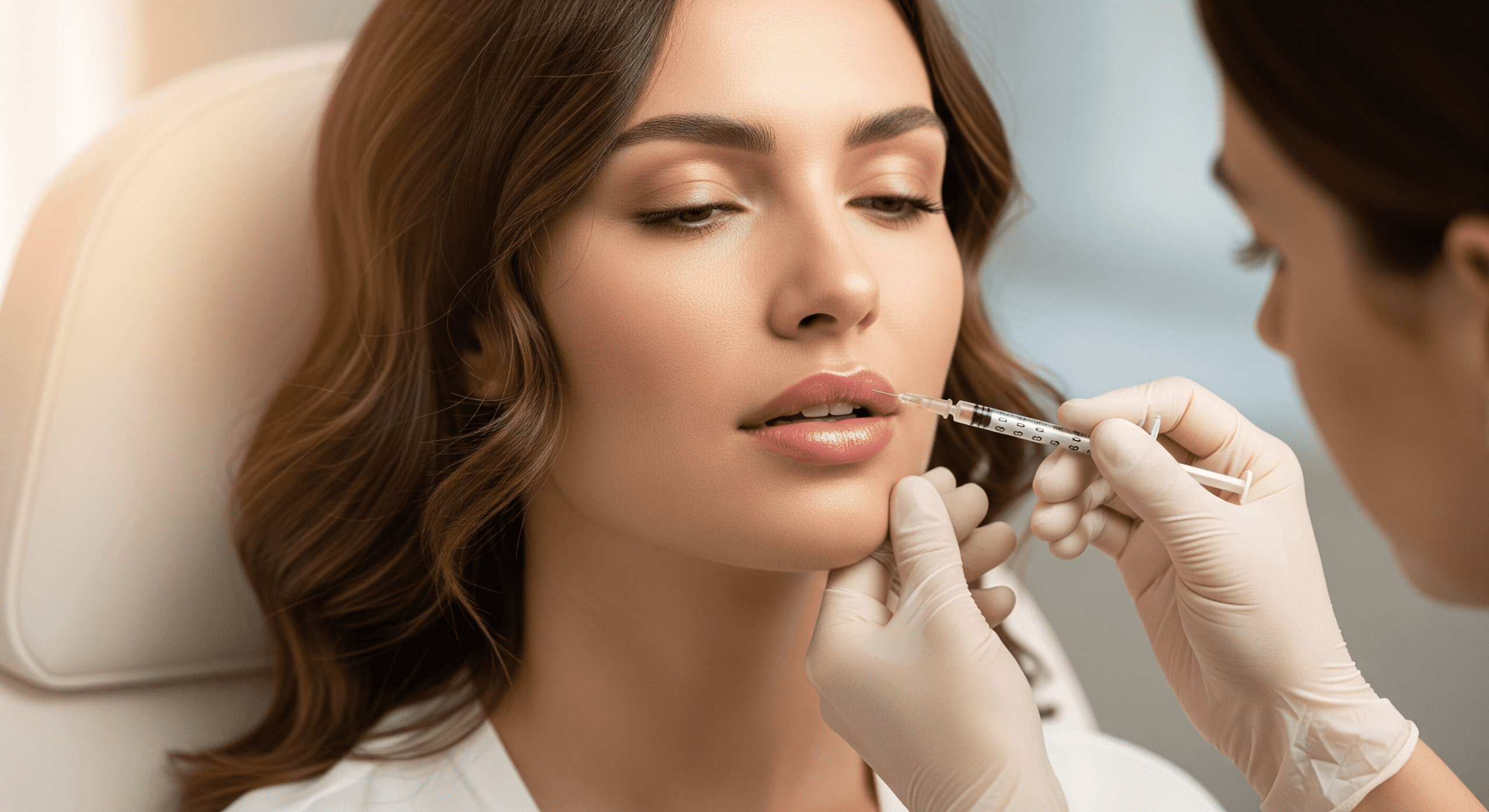 aesthetic professional performing a lip filler injection to enhance volume and symmetry.