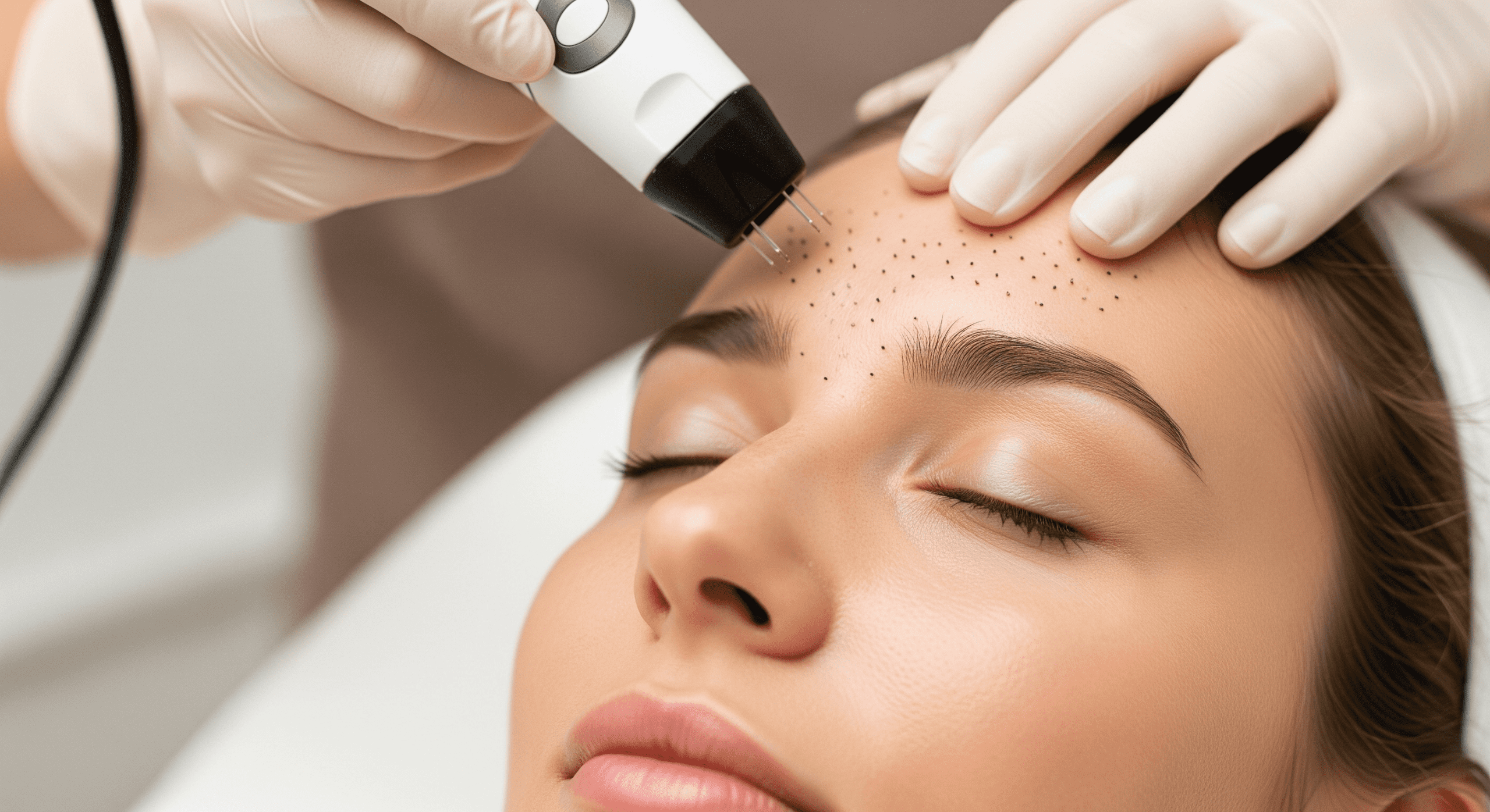 close-up of a microneedling treatment being performed on a patient’s forehead.