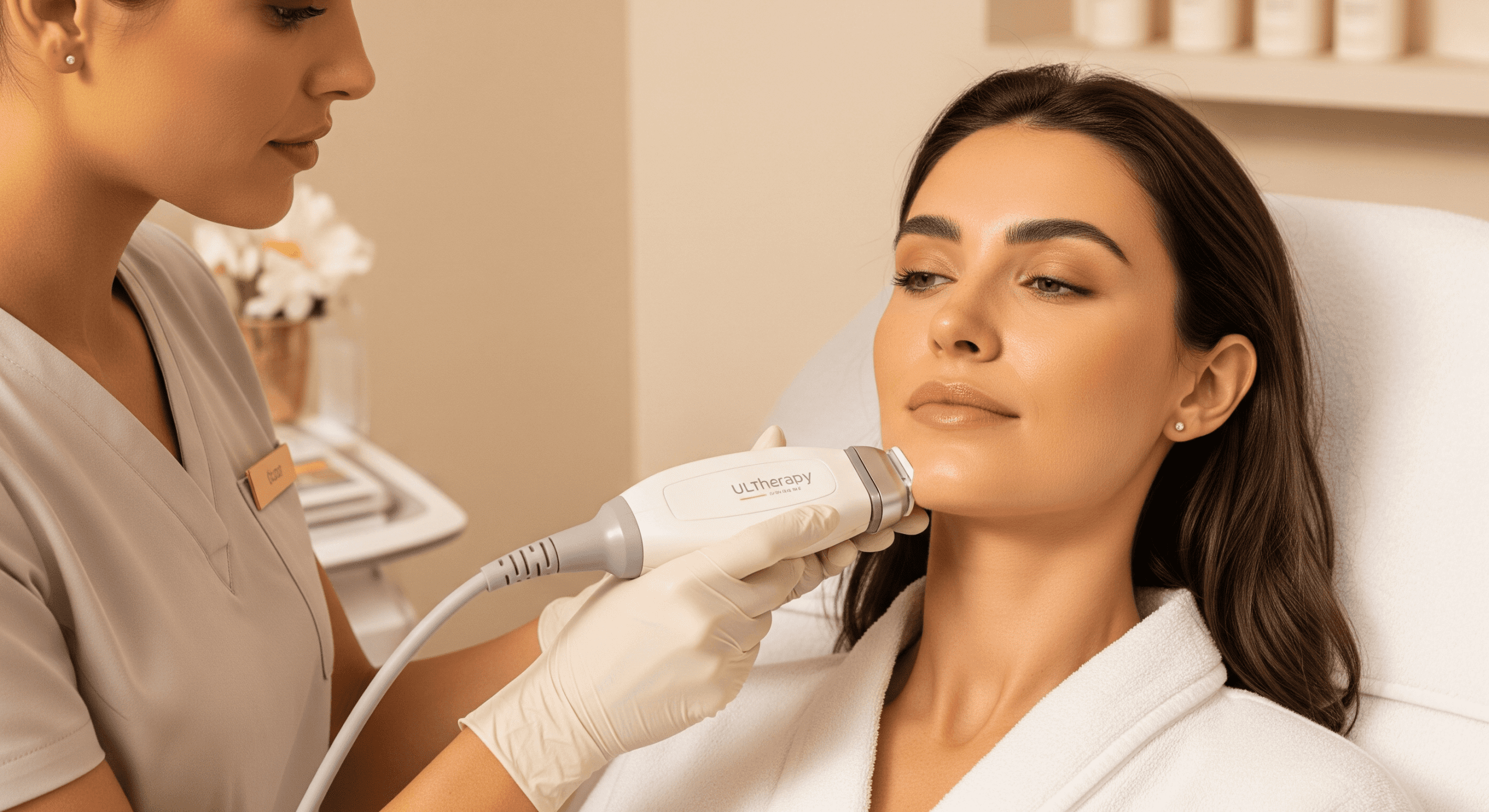 aesthetic provider consulting with a patient in a bright office, discussing skincare treatment options.