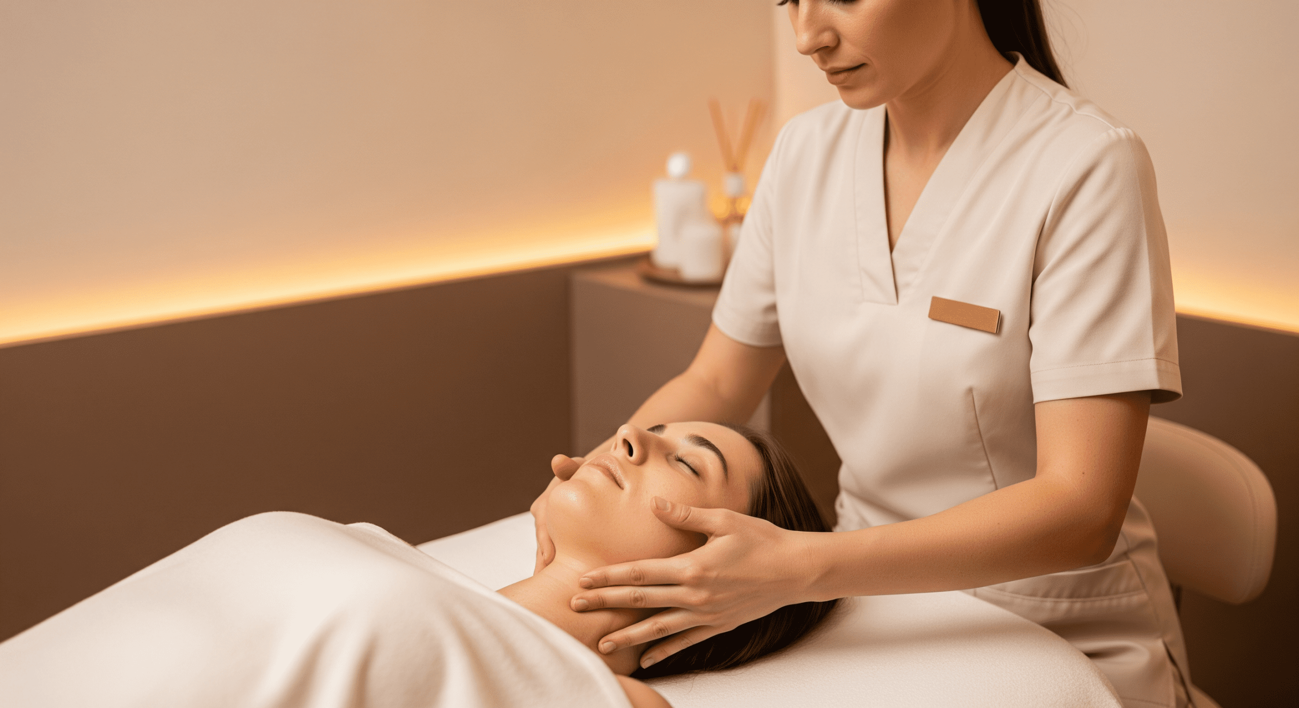a skincare professional performing a calming facial massage on a client in a spa treatment room.