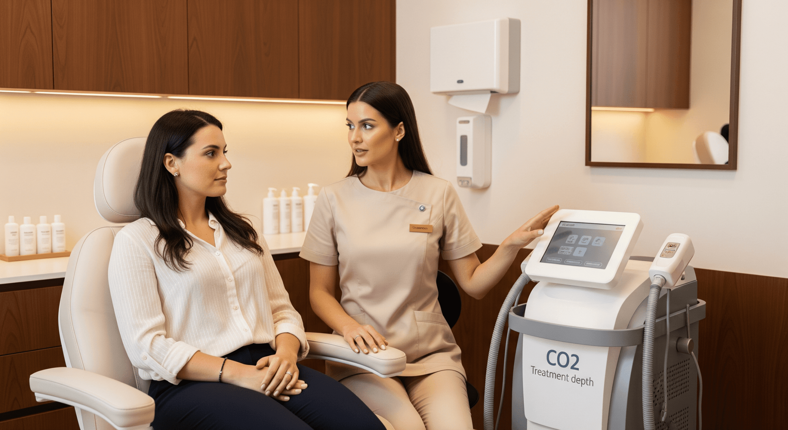 skincare professional explaining co2 skin treatment to a client