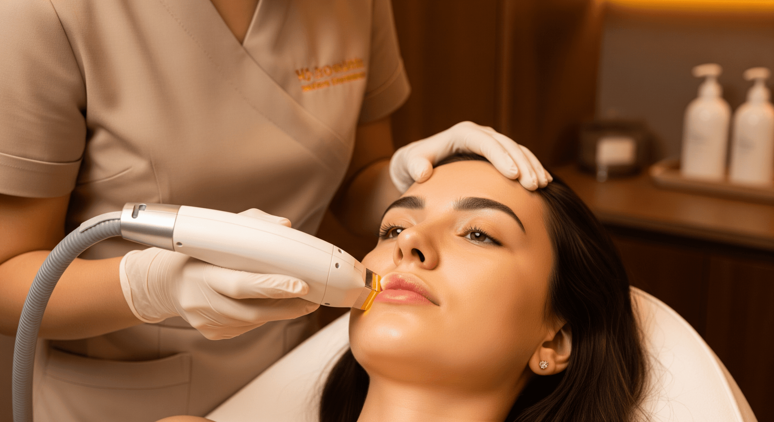 esthetician performing facial laser treatment on a client