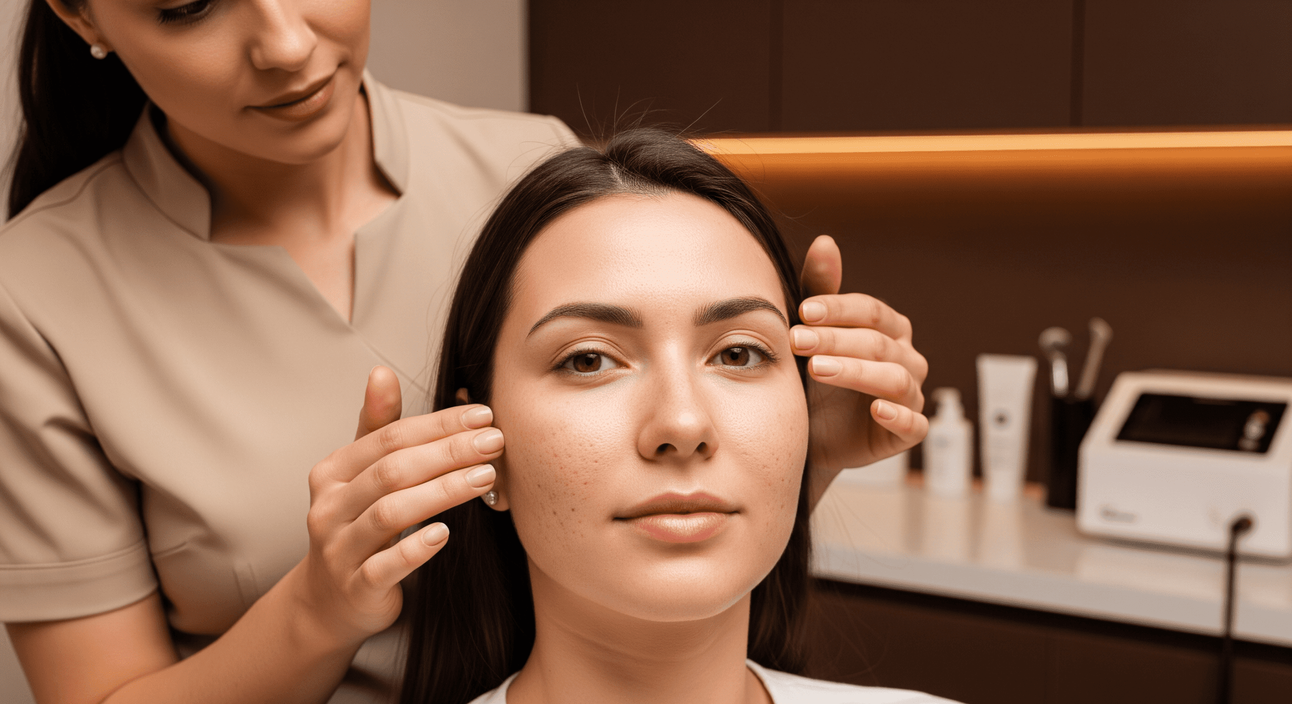 skincare specialist examining a client’s facial skin during a consultation