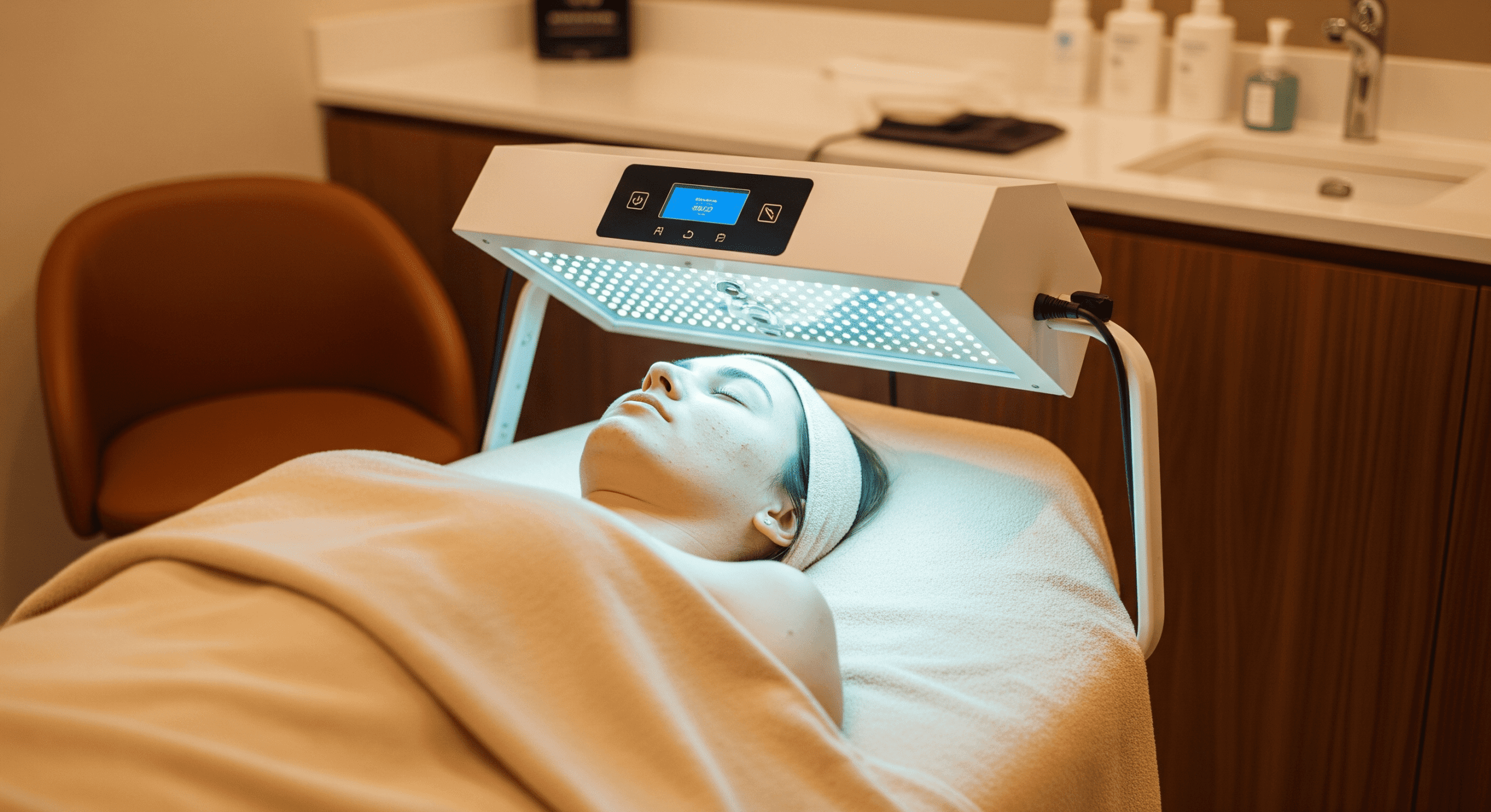 client relaxing under professional facial light therapy equipment