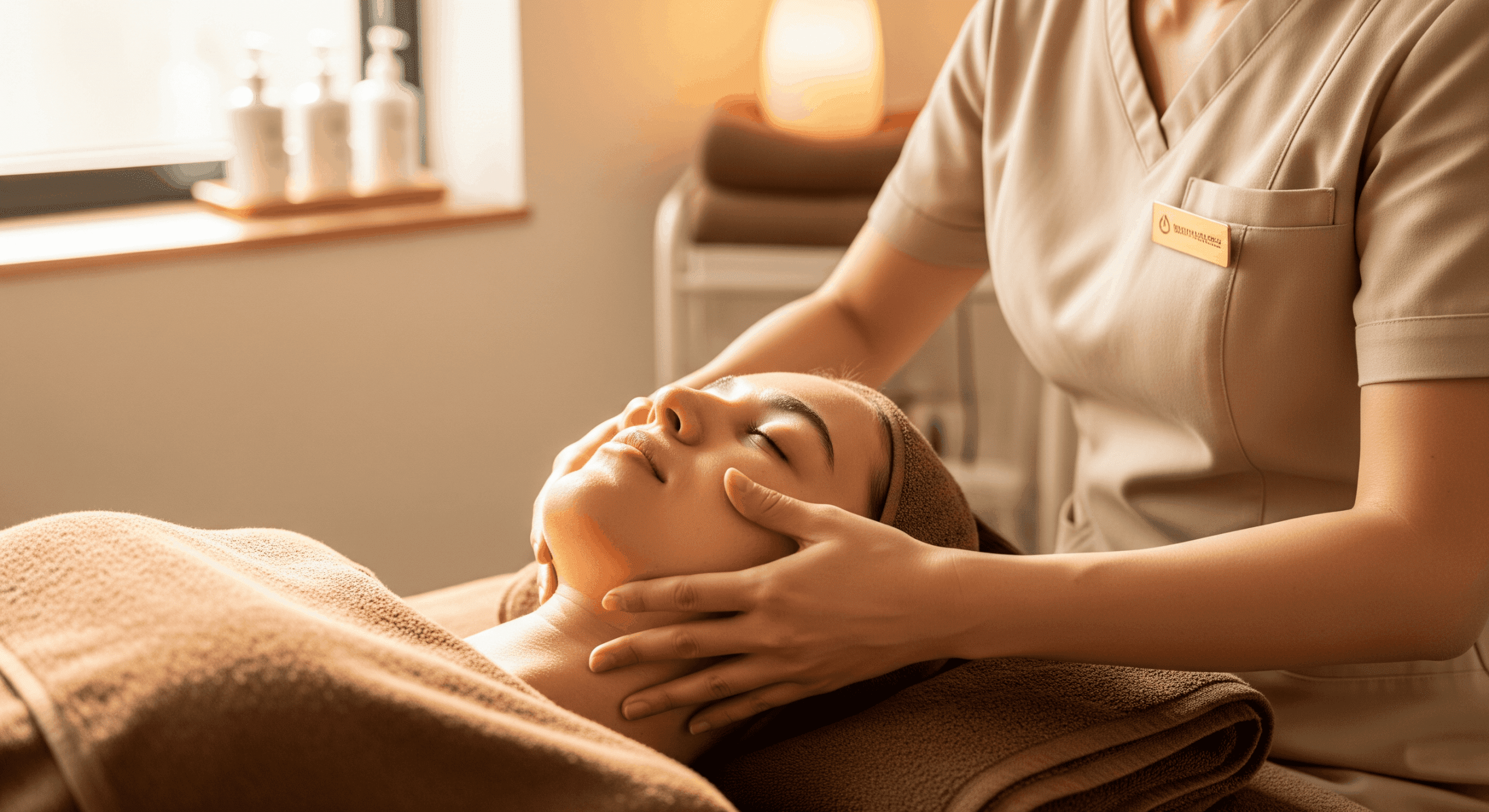 esthetician performing a relaxing facial massage on a client