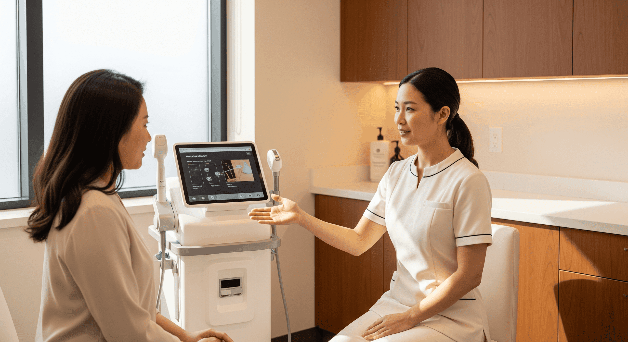 skincare professional consulting with a client using advanced skin analysis device