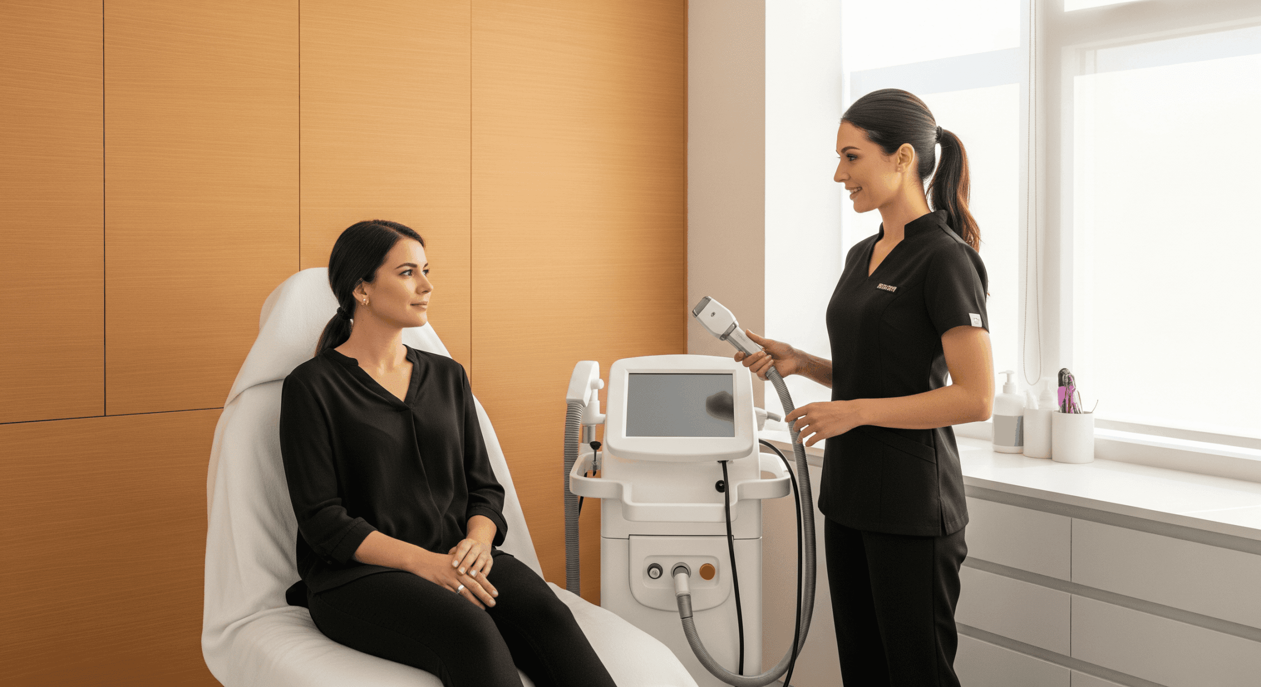 aesthetic practitioner preparing to perform co2 laser skin resurfacing treatment on a seated patient in a bright clinical setting.
