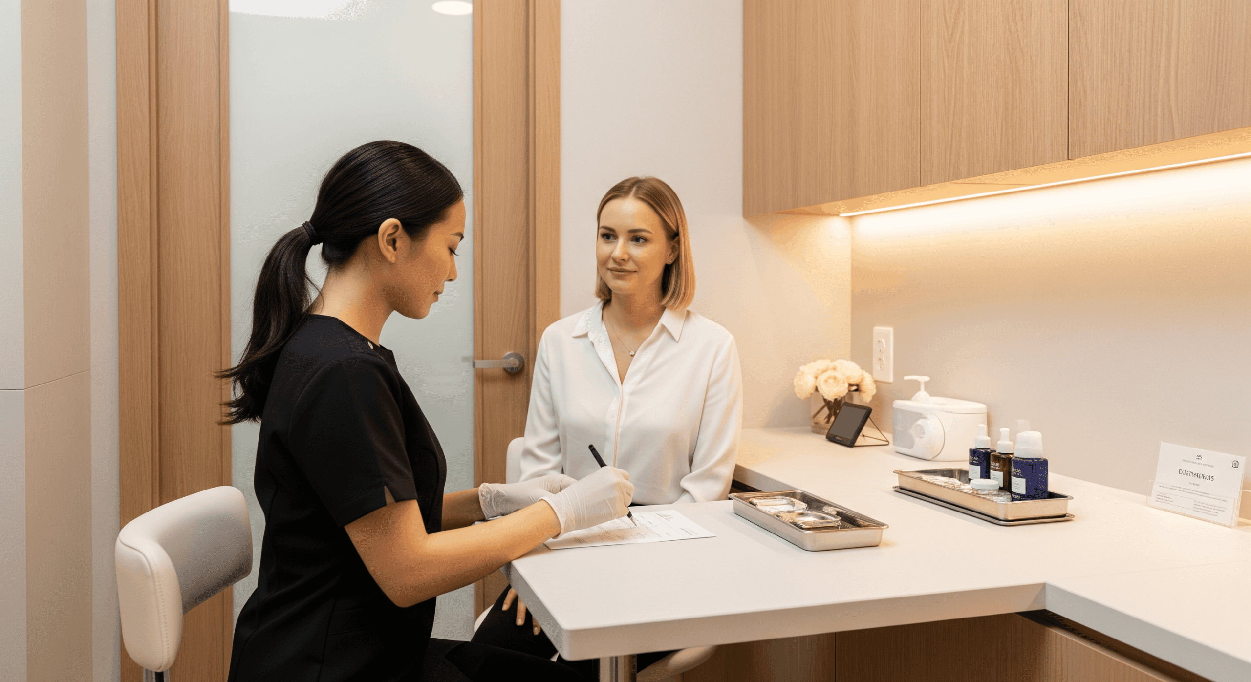 skincare provider completing new patient intake paperwork with a client during an initial consultation appointment.